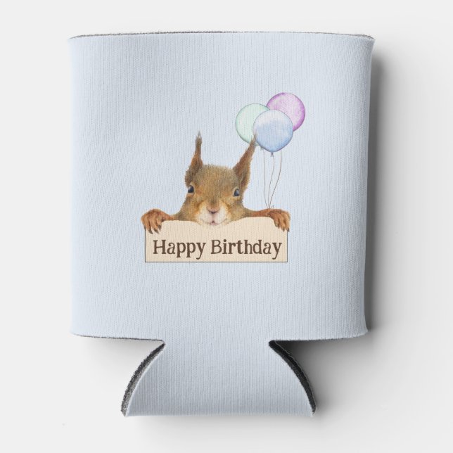 Happy Birthday Personalised Squirrel Balloon  Can Cooler (Front)