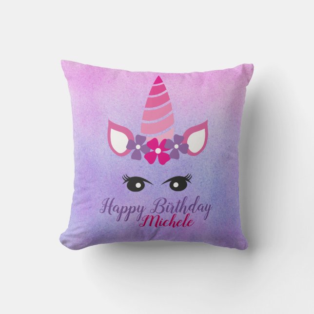 Happy Birthday Personalised Unicorn Throw Pillow (Front)