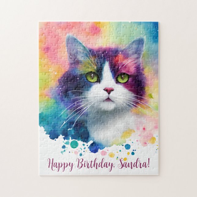 Happy Birthday Personalised Whimsical Cat Jigsaw Puzzle (Vertical)