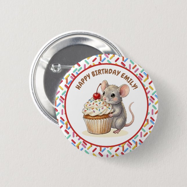 Happy Birthday Personalized Mouse & Cupcake Photo 6 Cm Round Badge (Front & Back)