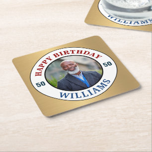 Happy Birthday Photo 50th Fifty Modern Personalise Square Paper Coaster