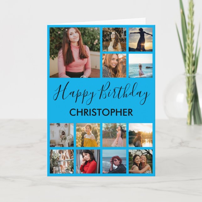 Happy Birthday Photo Collage 13 Photos Blue Card (Front)