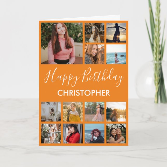 Happy Birthday Photo Collage 13 Photos Orange Card (Front)