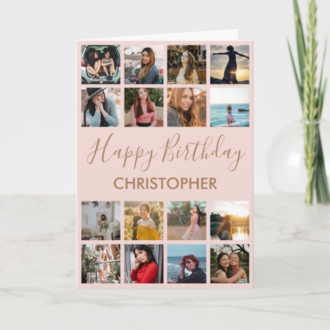 Happy Birthday Photo Collage 16 Photos Pink & Gold Card (Front)