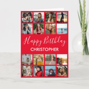 Happy Birthday Photo Collage 16 Photos Red Any Age Card