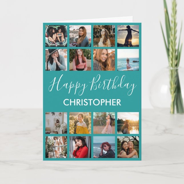 Happy Birthday Photo Collage 16 Photos Teal Card (Front)