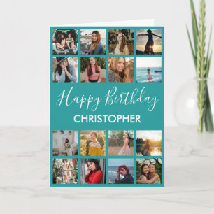 Happy Birthday Photo Collage 16 Photos Teal Card