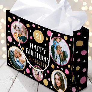 Happy Birthday Photo Collage Any Age 21st Pink Large Gift Bag