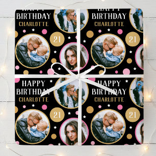 Happy Birthday Photo Collage Any Age 21st Pink Wrapping Paper