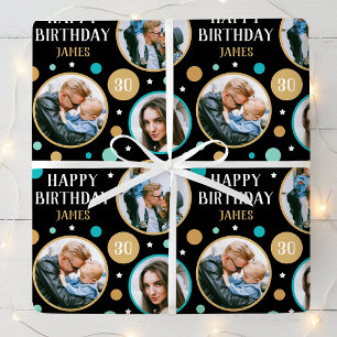 Happy Birthday Photo Collage Any Age 30th Teal Wrapping Paper