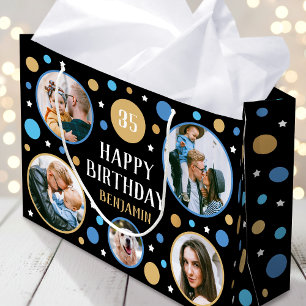 Happy Birthday Photo Collage Any Age 35th Blue Large Gift Bag
