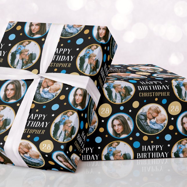 Happy Birthday Photo Collage Any Age Blue Wrapping Paper (Creator Uploaded)