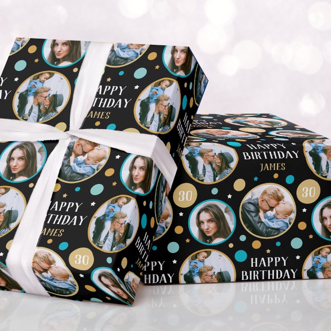 Happy Birthday Photo Collage Any Age Green 30th Wrapping Paper (Creator Uploaded)