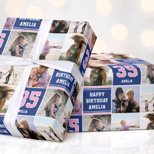 Happy Birthday Photo Collage Any Age Navy Pink Wrapping Paper