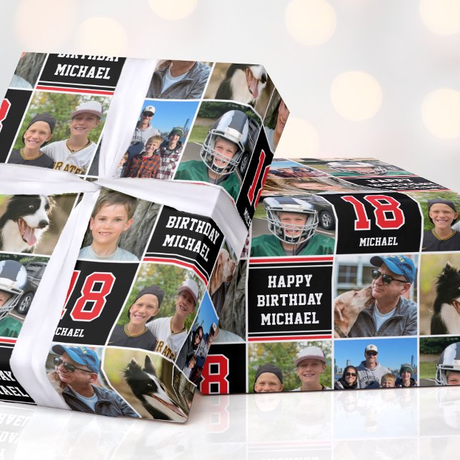 Happy Birthday Photo Collage Any Age Red Black Wrapping Paper (Creator Uploaded)