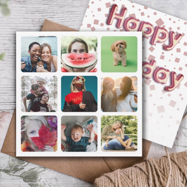 Happy Birthday Photo Collage & Balloon Text Holiday Card (Creator Uploaded)