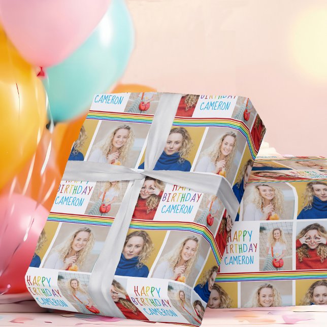 Happy Birthday Photo Collage Beautiful Rainbow Wrapping Paper (Creator Uploaded)