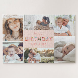 Happy Birthday Photo Collage & Floral Pattern Jigsaw Puzzle