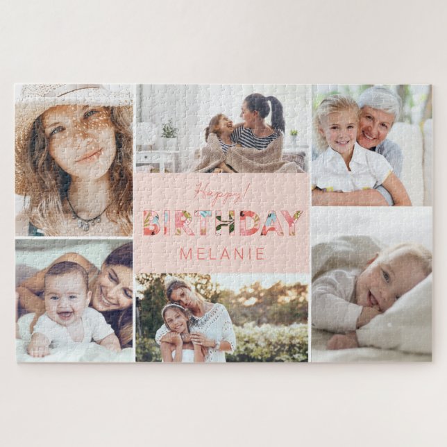 Happy Birthday Photo Collage & Floral Pattern Jigsaw Puzzle (Horizontal)