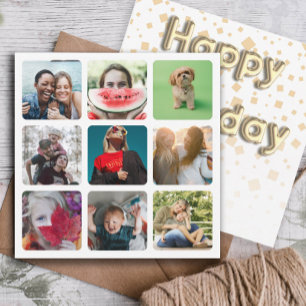 Happy Birthday Photo Collage & Gold Balloon Text  Holiday Card