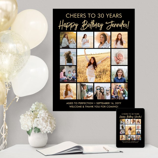 Happy Birthday Photo Collage Modern Black and Gold Poster (Creator Uploaded)