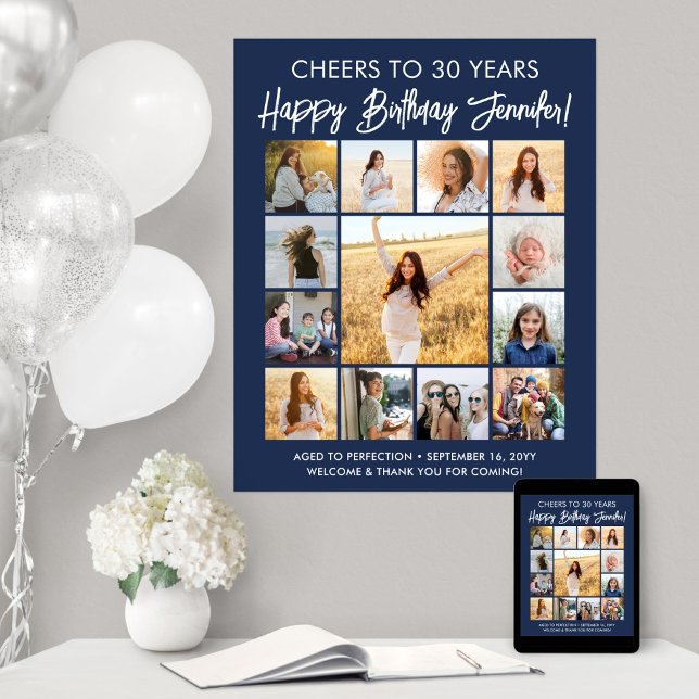 Happy Birthday Photo Collage Navy Blue and White Poster (Creator Uploaded)