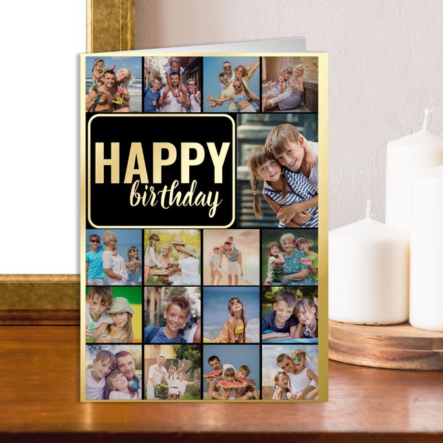 Happy Birthday Photo Collage with 17 Pictures Gold Foil Greeting Card (Creator Uploaded)