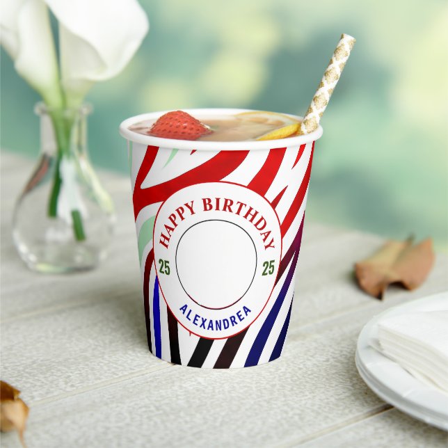 Happy Birthday Photo Colourful Stripes Personalise Paper Cups (Insitu)