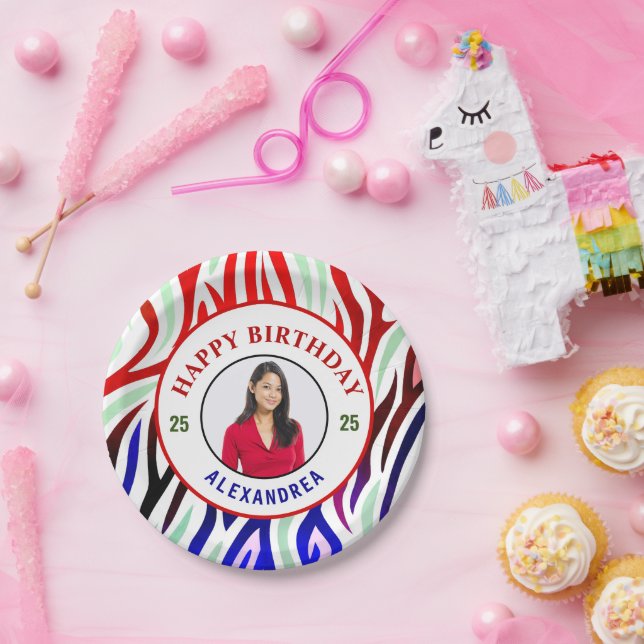 Happy Birthday Photo Colourful Stripes Personalise Paper Plate (Party)