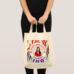Happy Birthday Photo Colourful Stripes Personalise Tote Bag