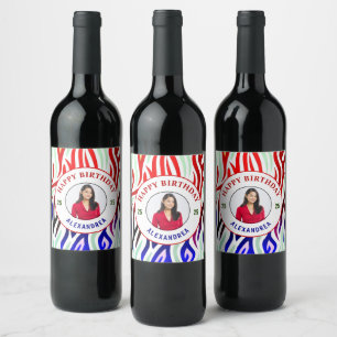 Happy Birthday Photo Colourful Stripes Personalise Wine Label