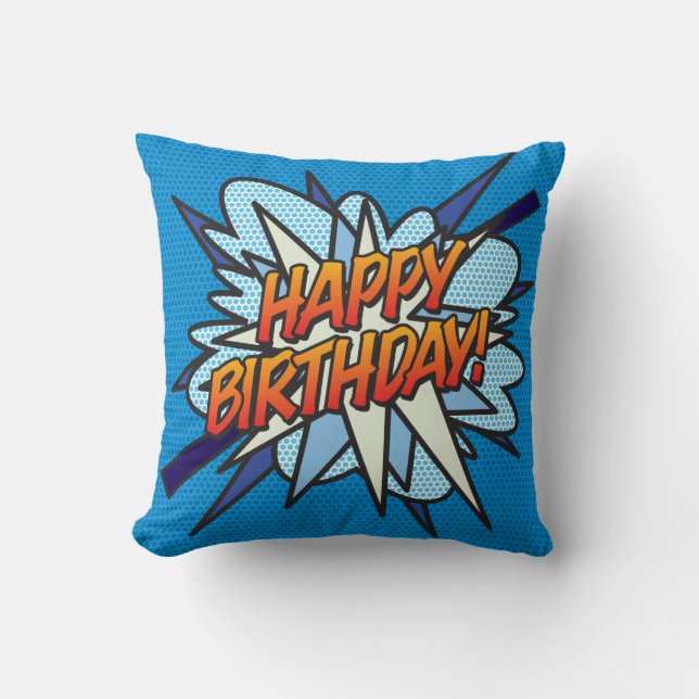 Happy Birthday Photo Fun Modern Comic Book Blue Cushion (Front)