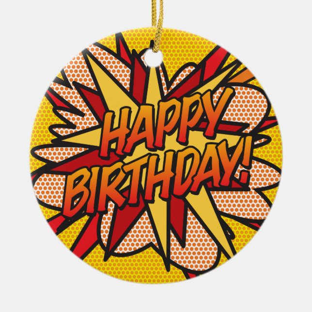 HAPPY BIRTHDAY Photo Fun Retro Comic Book Ceramic Tree Decoration (Front)