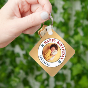 Happy Birthday Photo Gold Elegant Personalize   Key Ring
