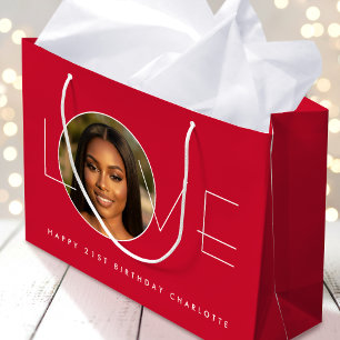 Happy Birthday Photo Love Typography Chic Red Large Gift Bag