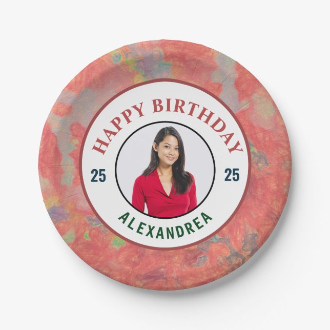 Happy Birthday Photo Modern Elegant Personalise  Paper Plate (Front)