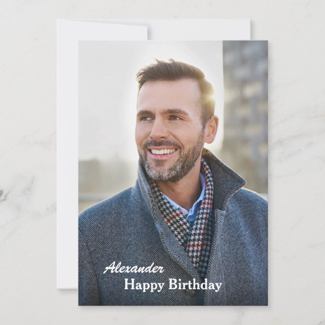 Happy Birthday Photo Modern Personalise Flat Card (Front)