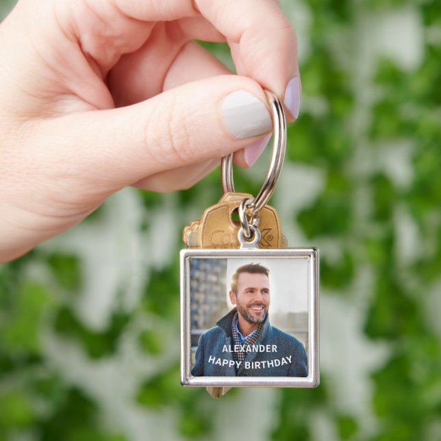 Happy Birthday Photo Modern Personalize  Key Ring (Hand)