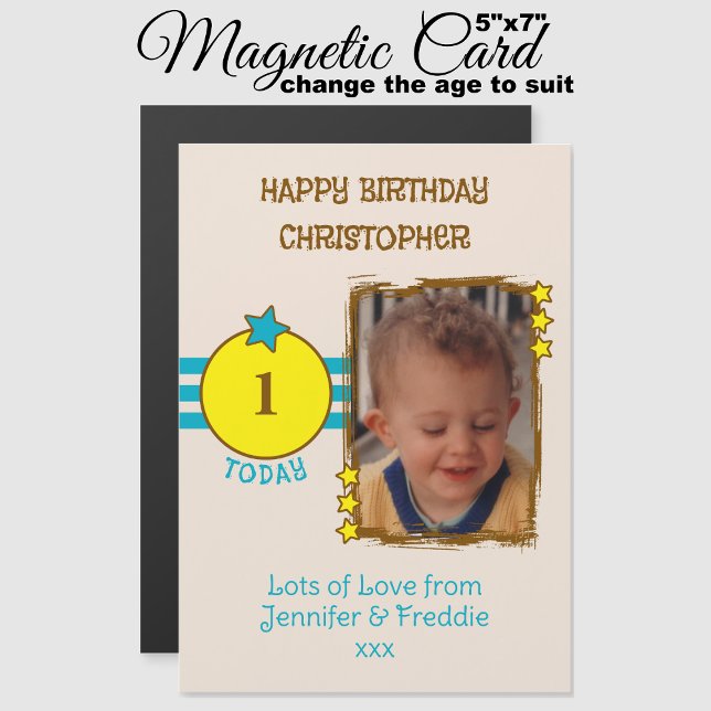 Happy Birthday photo name age blue magnetic card (Creator Uploaded)