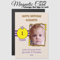 Happy Birthday photo name age purple magnetic card