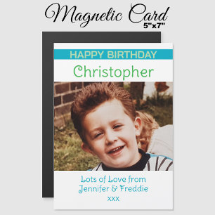 Happy Birthday photo name blue magnetic card