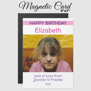 Happy Birthday photo name purple magnetic card