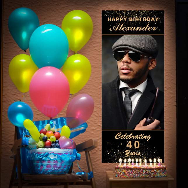 Happy Birthday Photo Party Event Gold Black Custom Poster (Happy Birthday Photo Party Event Gold Black Custom Poster great for your party to great your guest. )