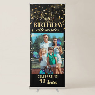 Happy Birthday Photo Party Event Gold Black Custom Retractable Banner