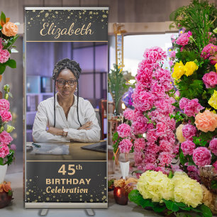 Happy Birthday Photo Party Event Gold Black Custom Retractable Banner