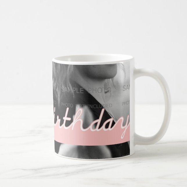Happy Birthday Photo Pink White Cutout Text Design Coffee Mug (Right)