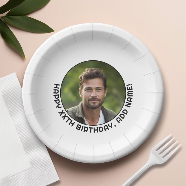 Happy Birthday - Photo with simple border and text Paper Plate (Custom Paper Plate)