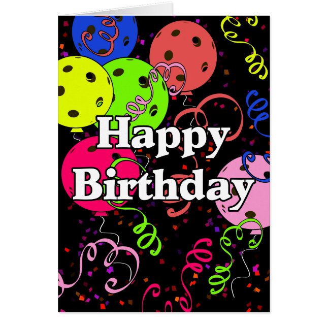 Happy Birthday Pickleball Balloons Confetti Black (Front)
