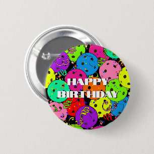 Happy Birthday Pickleball Balloons Confetti Black 6 Cm Round Badge