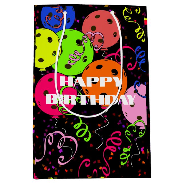 Happy Birthday Pickleball Balloons Confetti Black Medium Gift Bag (Front)